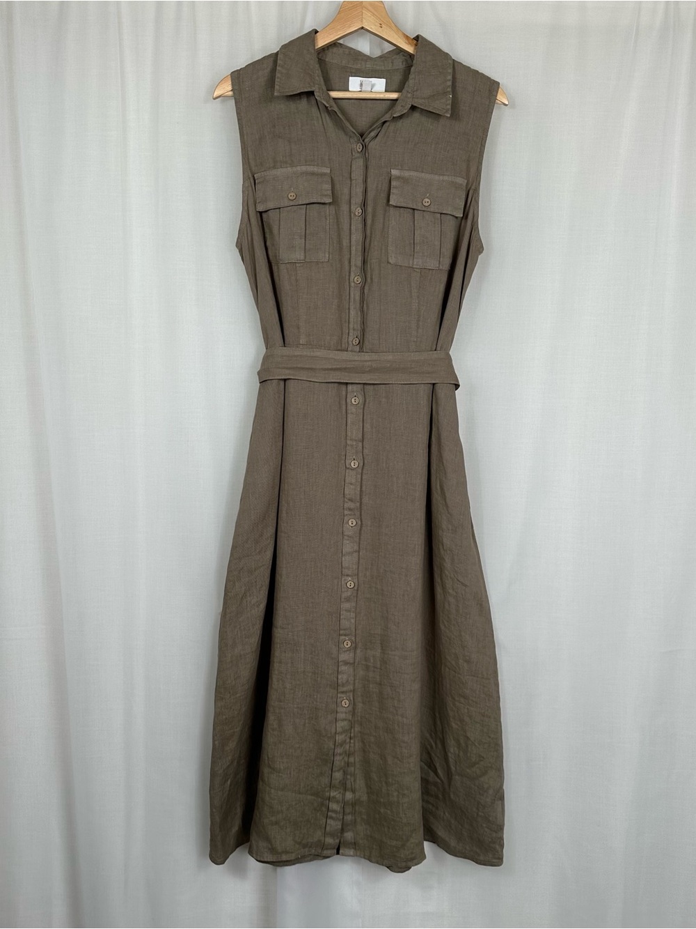 KUT from the Kloth Bowie Linen Midi Shirtdress Olive Pockets Sleeveless Button M